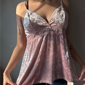 Pink velvet Fairycore lace veloir babydoll slip embroidered top - Size large